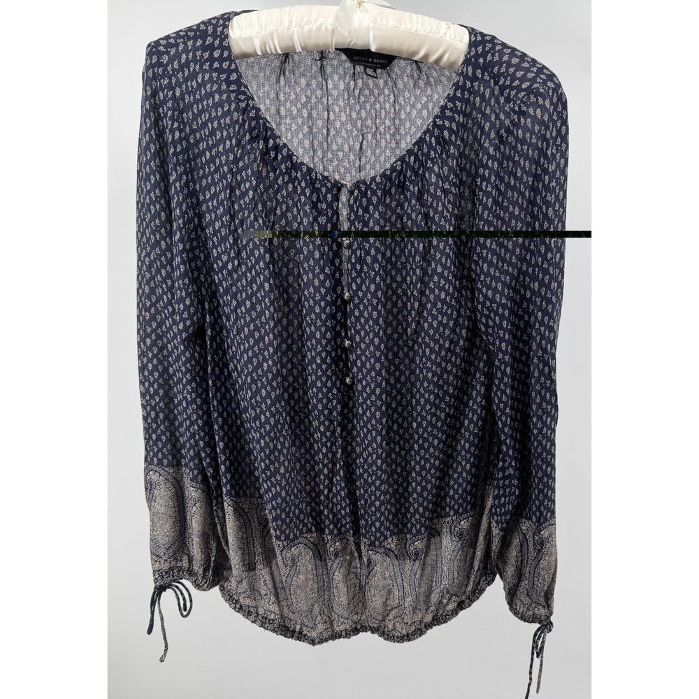 Lucky Brand Boho Peasant Blouse Medium Blue Floral Sheer Cottagecore Top